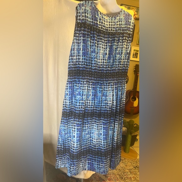 Spense Women Size 2X Plus Braided Empire Waist Blue & Black Print Knit Dress - Picture 2 of 7